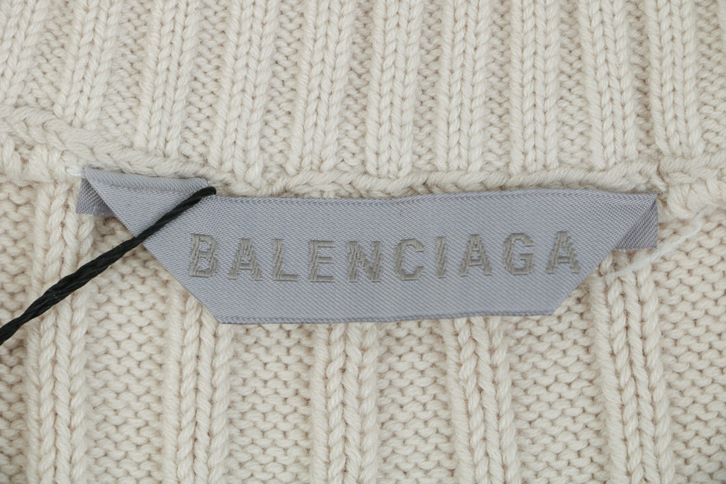 Balenciaga Orbit Logo Pointelle Rib-Knit Half-Zip Sweater Cream