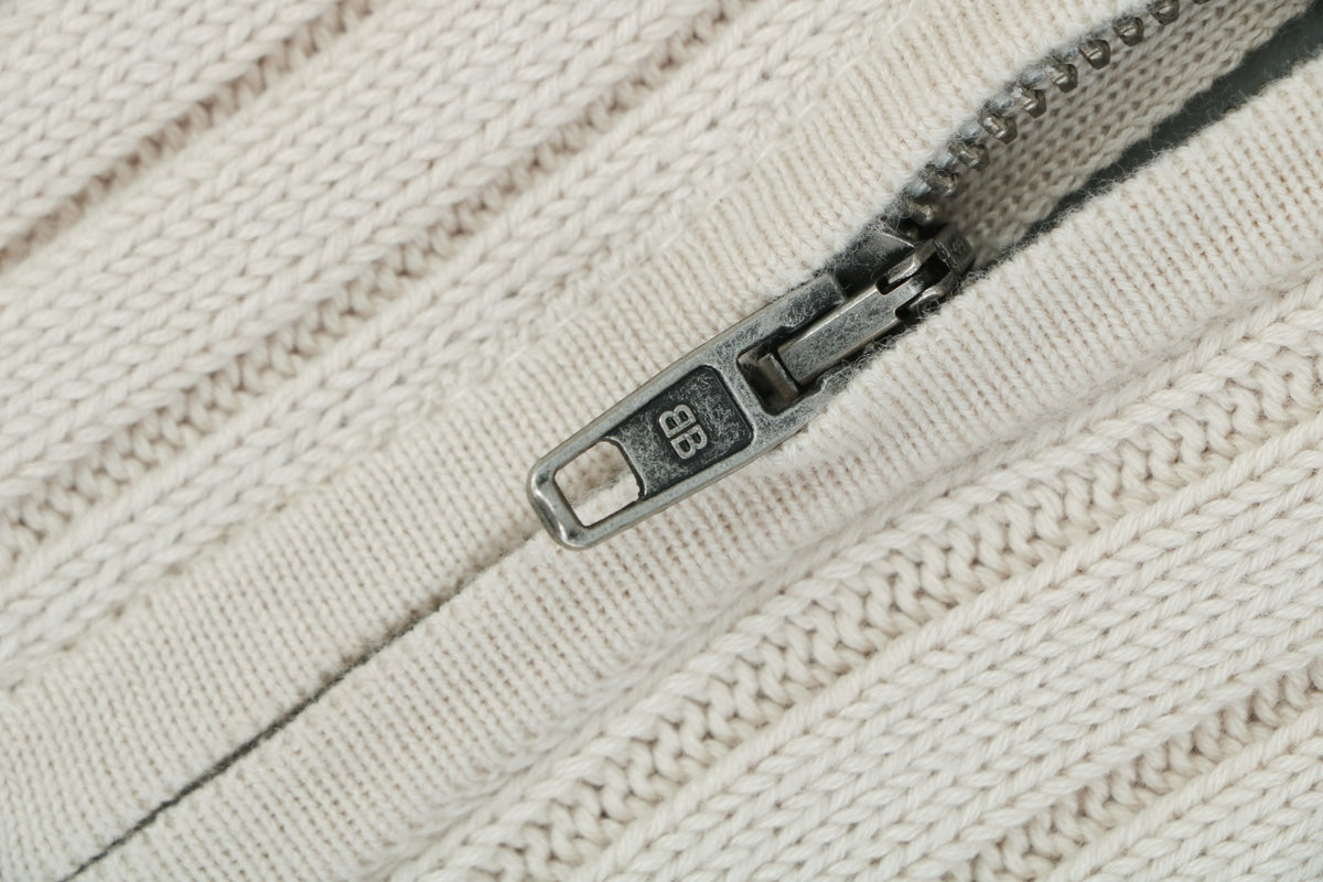 Balenciaga Orbit Logo Pointelle Rib-Knit Half-Zip Sweater Cream