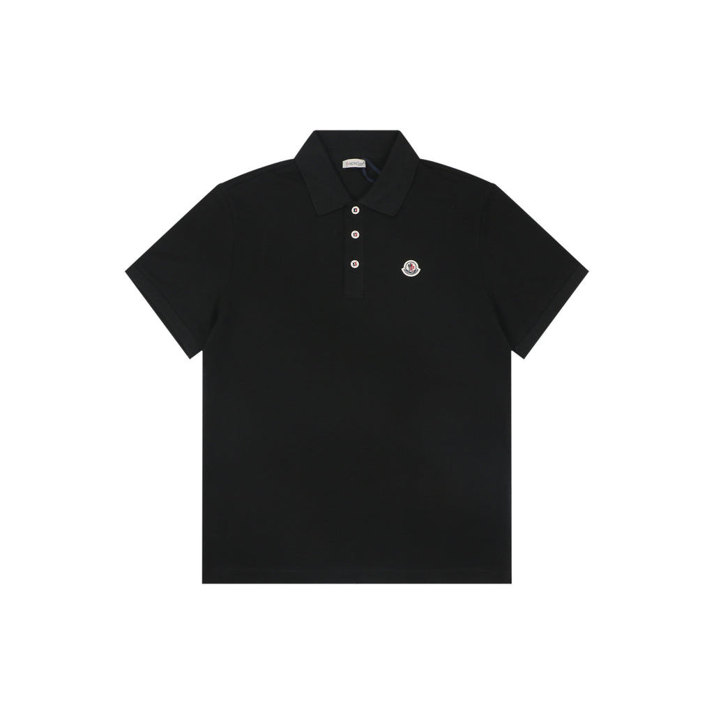 Moncler Woven Trim Button Piqué Polo Short Sleeve Tee Black