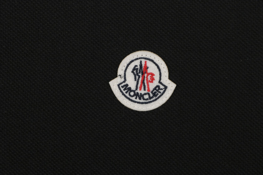 Moncler Woven Trim Button Piqué Polo Short Sleeve Tee Black