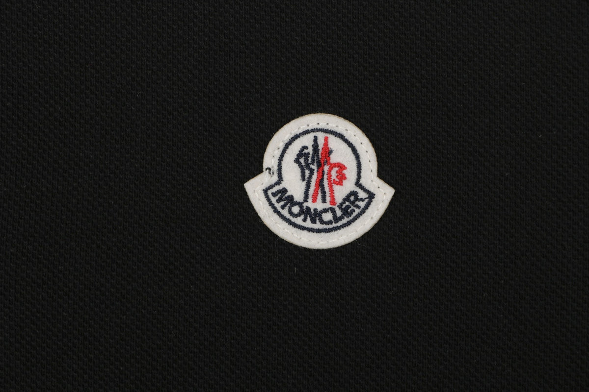 Moncler Woven Trim Button Piqué Polo Short Sleeve Tee Black