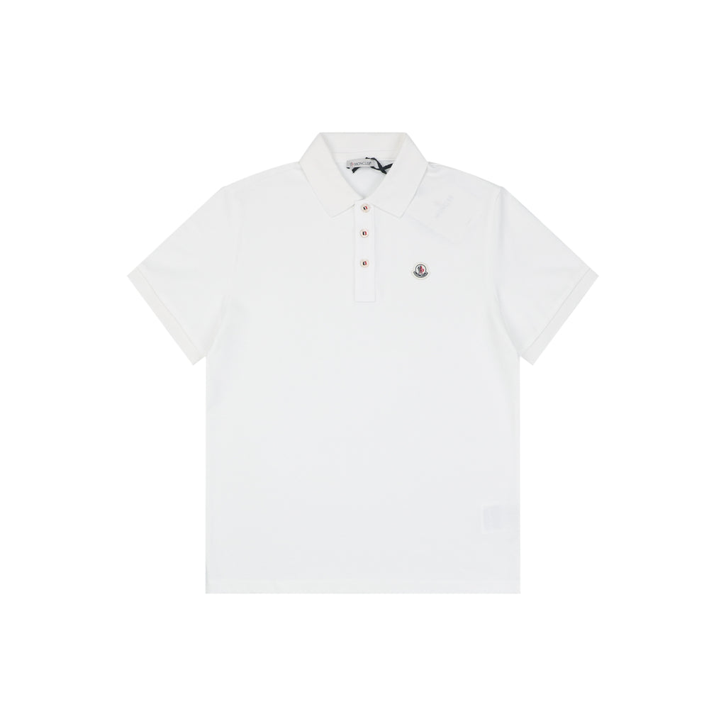 Moncler Woven Trim Button Piqué Polo Short Sleeve Tee White