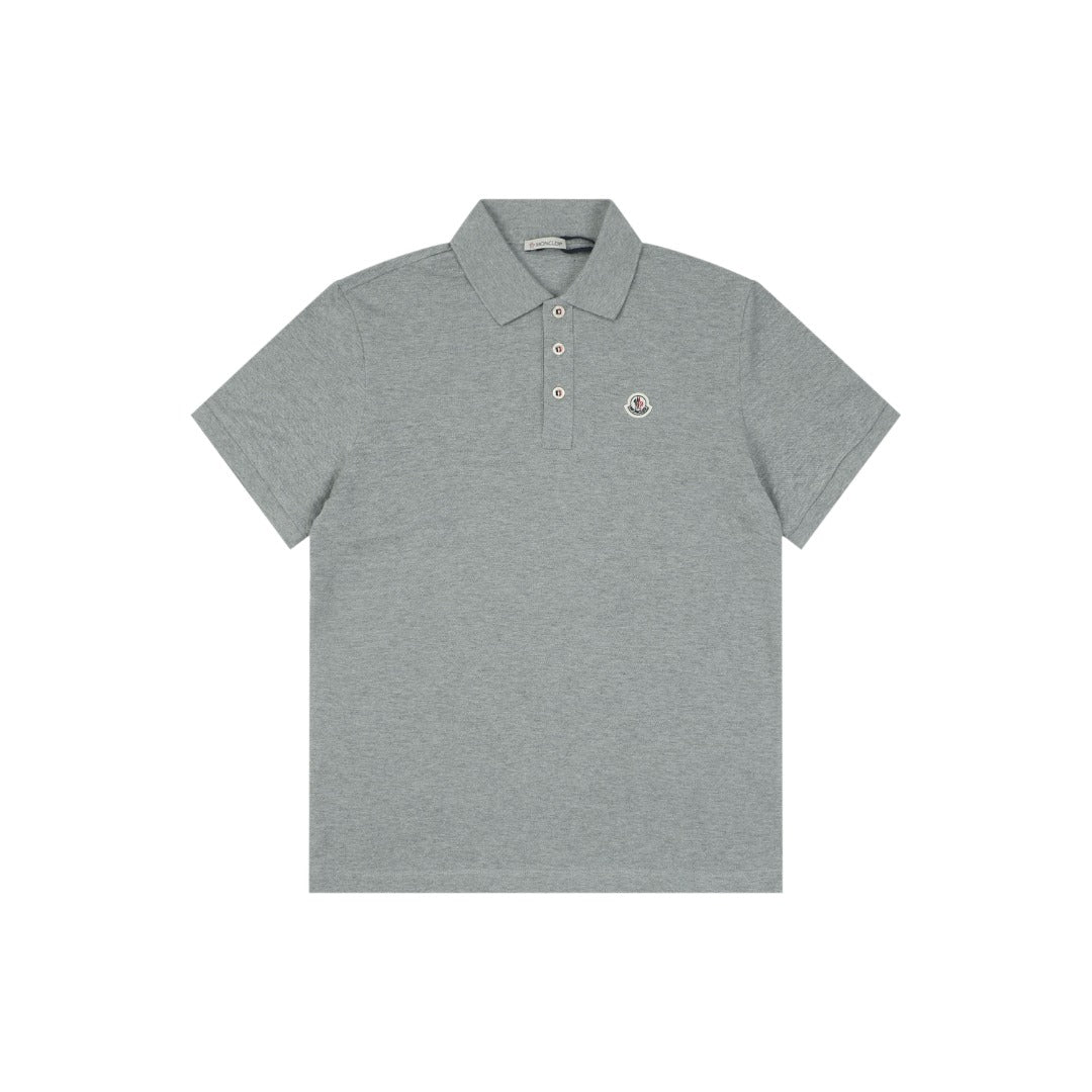 Moncler Woven Trim Button Piqué Polo Short Sleeve Tee Grey