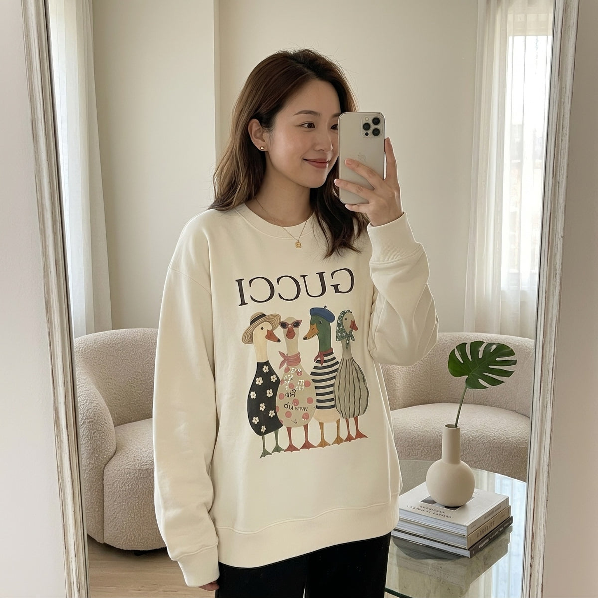 Gucci Duck Squad Cartoon Print Crew Neck Sweatshirt Cream