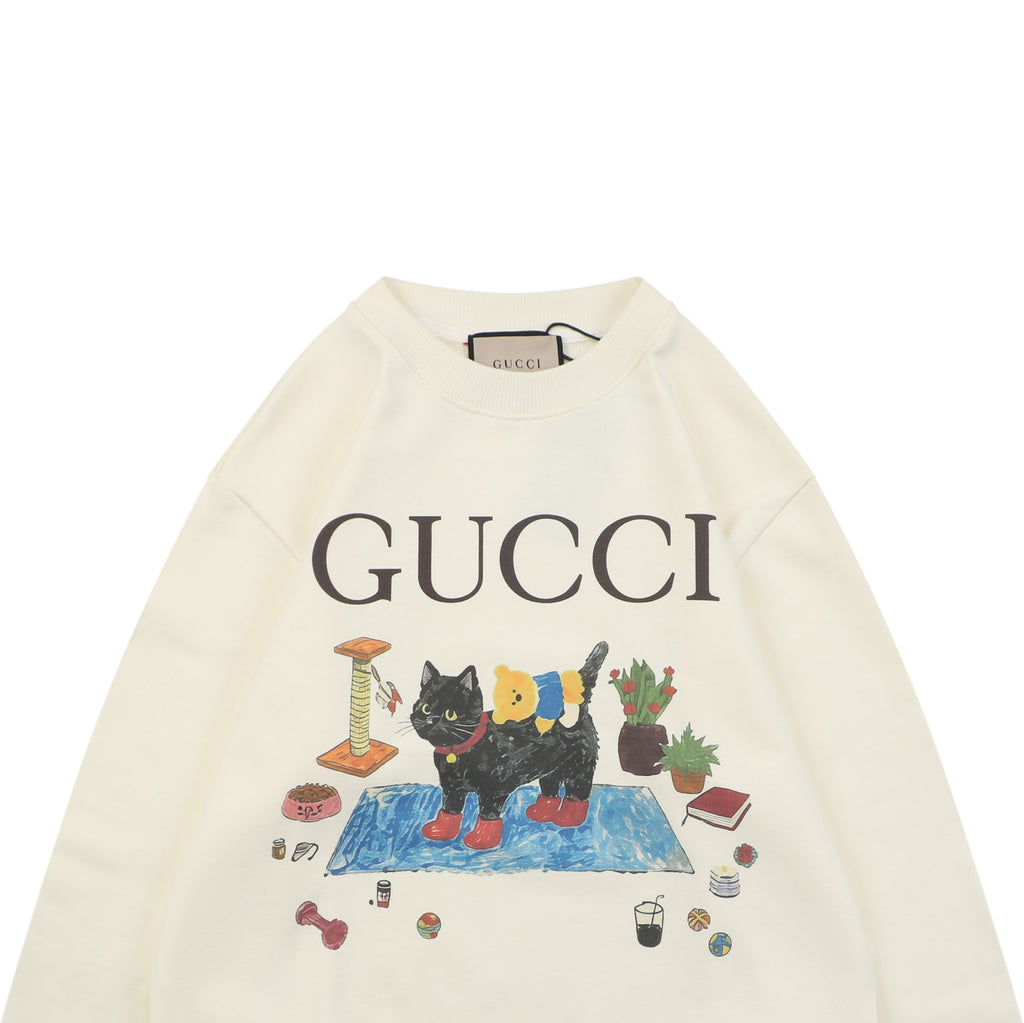 Gucci Red Boot Black Cat Print Crew Neck Sweatshirt | Ivory