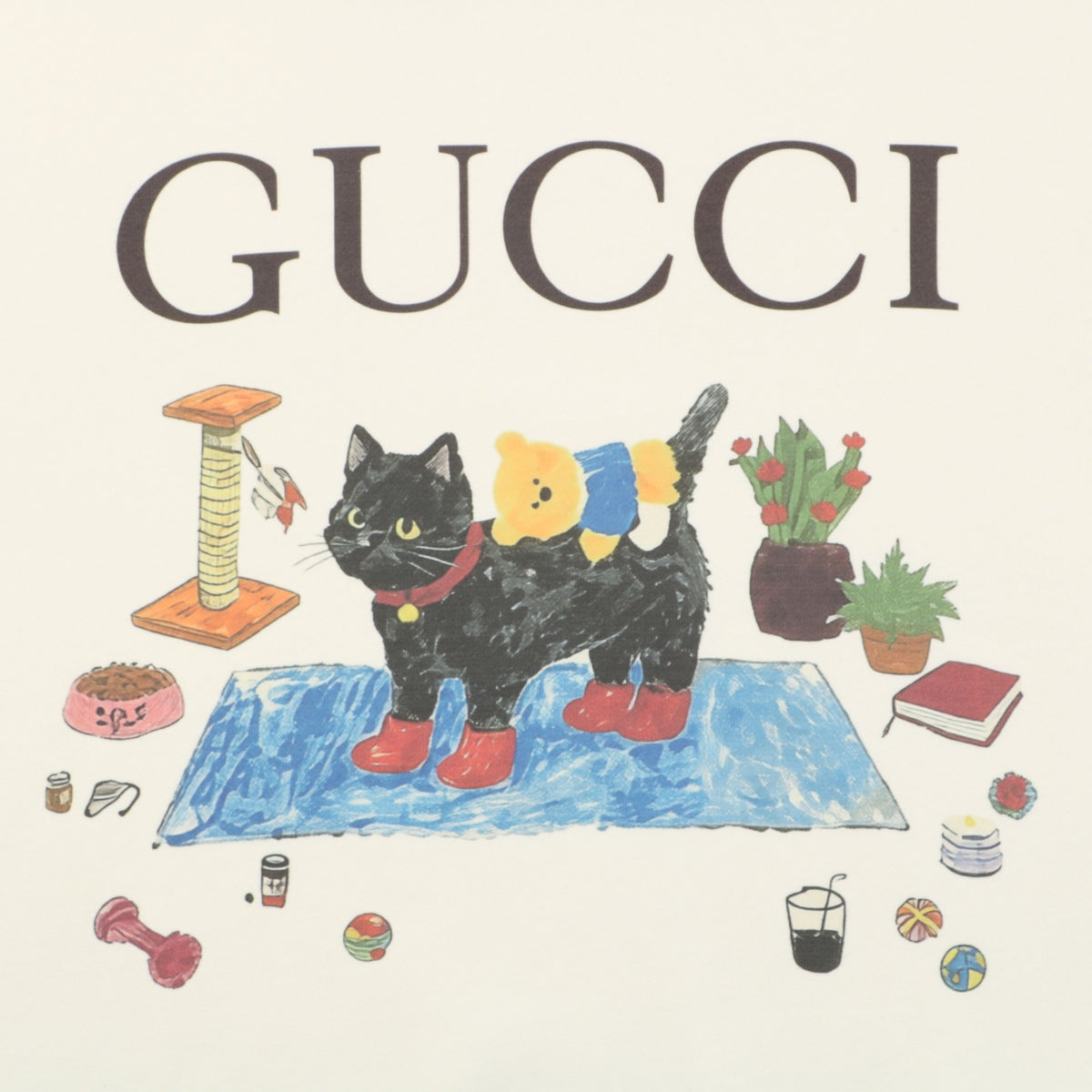 Gucci Red Boot Black Cat Print Crew Neck Sweatshirt | Ivory