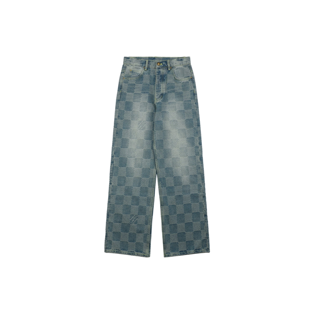Louis Vuitton Washed Blue Damier Checkerboard Wide-Leg Jeans