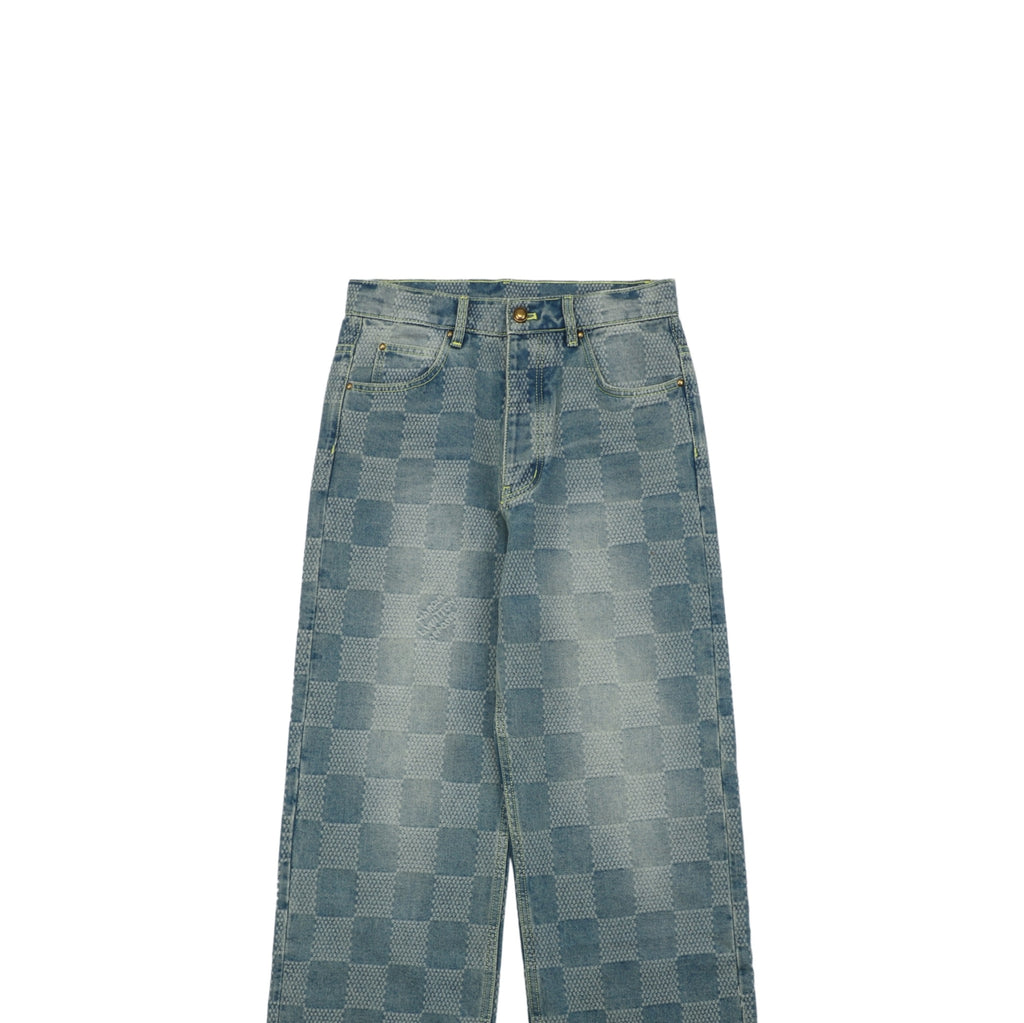 Louis Vuitton Washed Blue Damier Checkerboard Wide-Leg Jeans