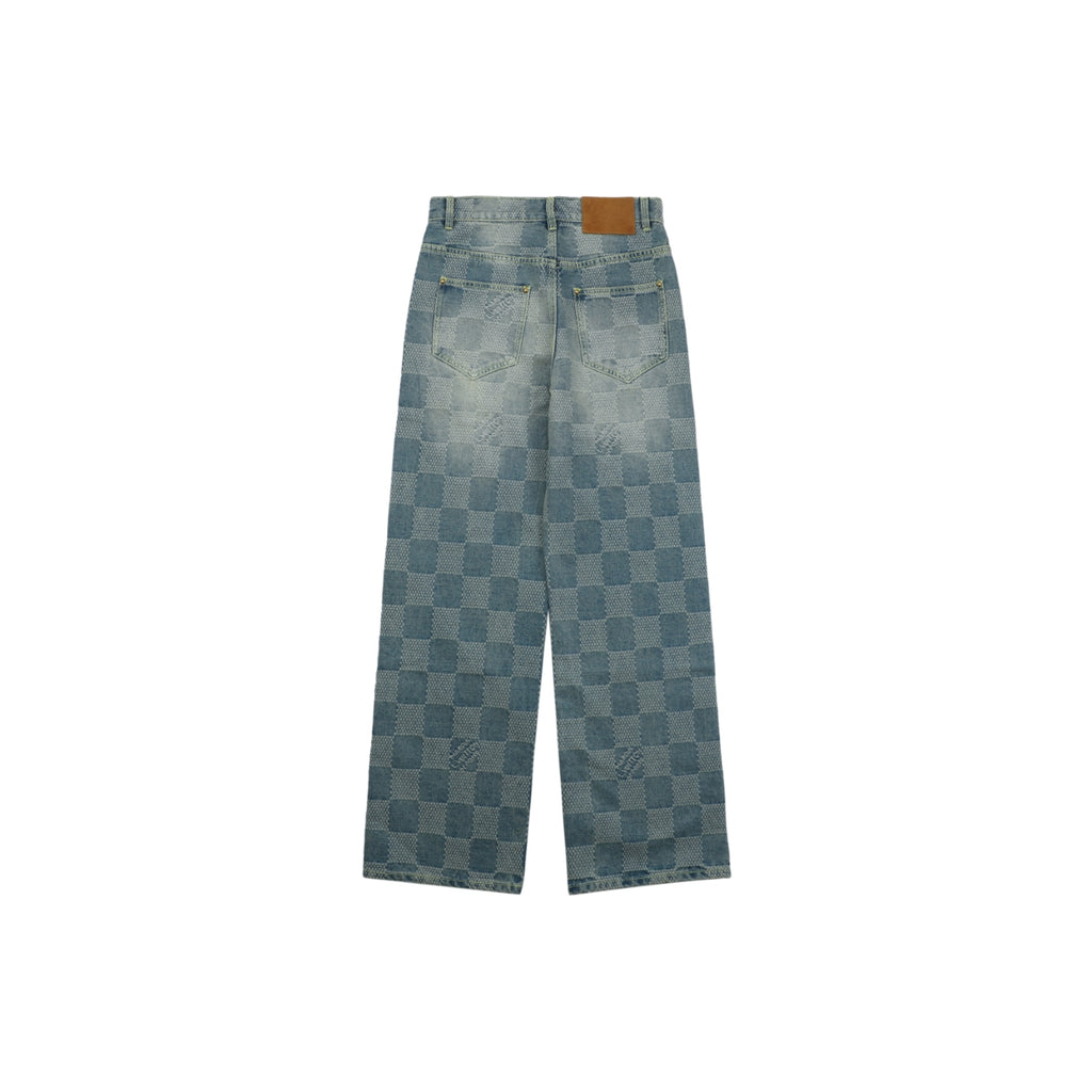 Louis Vuitton Washed Blue Damier Checkerboard Wide-Leg Jeans