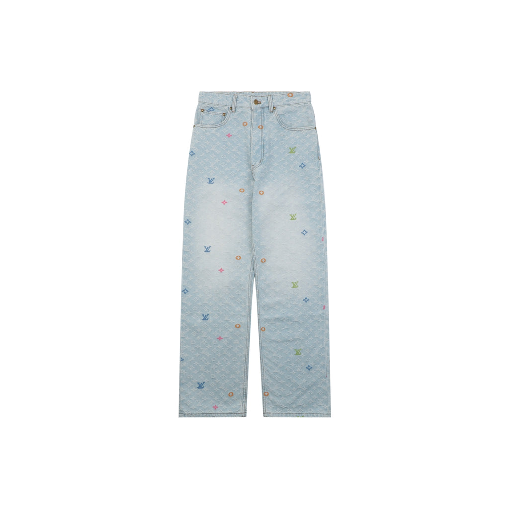 Louis Vuitton Multicolor Monogram Embroidered Wide-Leg Jeans | Ice Blue