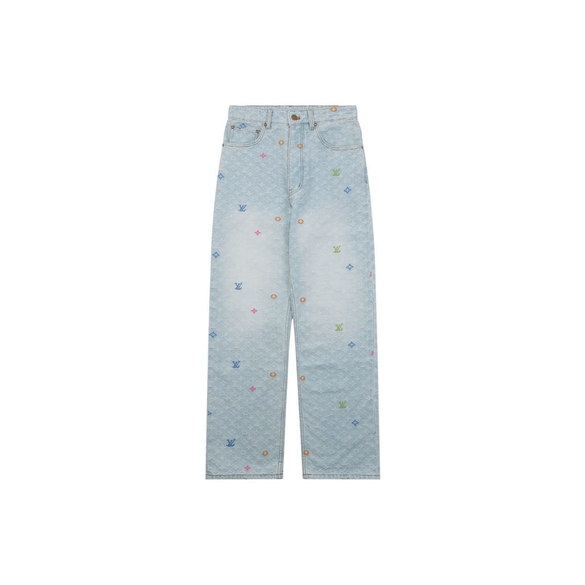 Louis Vuitton Multicolor Monogram Embroidered Wide-Leg Jeans | Ice Blue