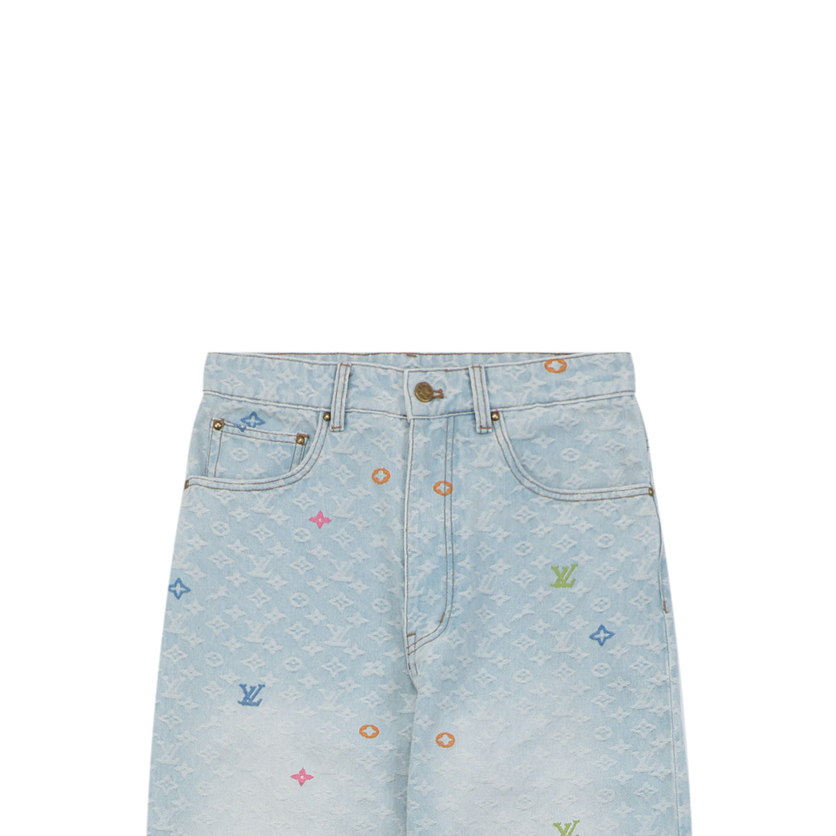 Louis Vuitton Multicolor Monogram Embroidered Wide-Leg Jeans | Ice Blue