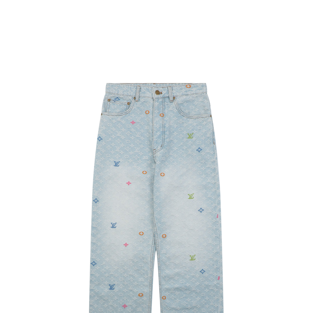 Louis Vuitton Multicolor Monogram Embroidered Wide-Leg Jeans | Ice Blue