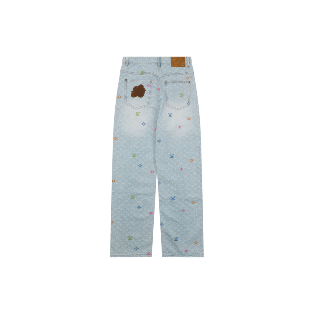 Louis Vuitton Multicolor Monogram Embroidered Wide-Leg Jeans | Ice Blue