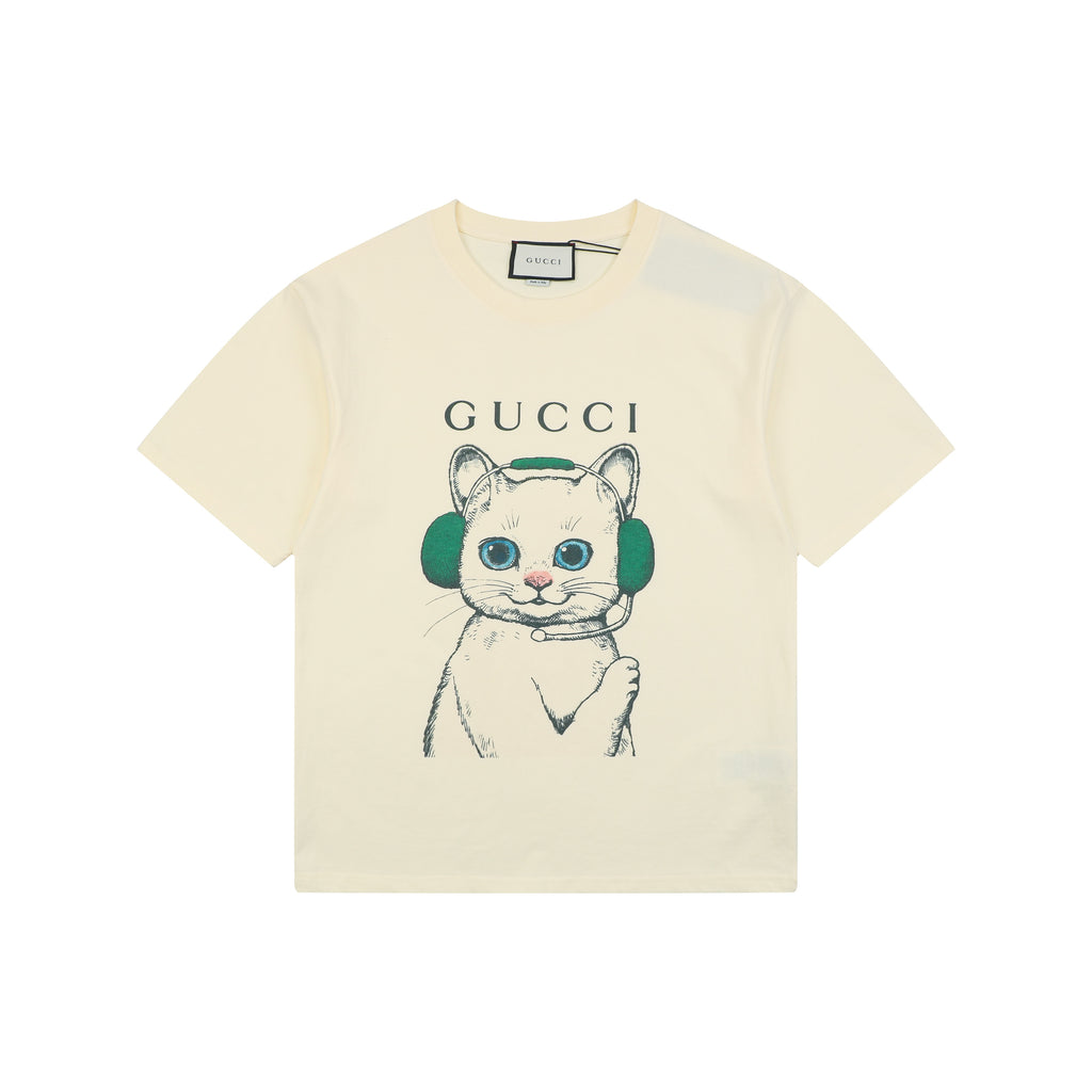 Gucci Cat with Green Headphones Graphic Print T-Shirt | Ivory