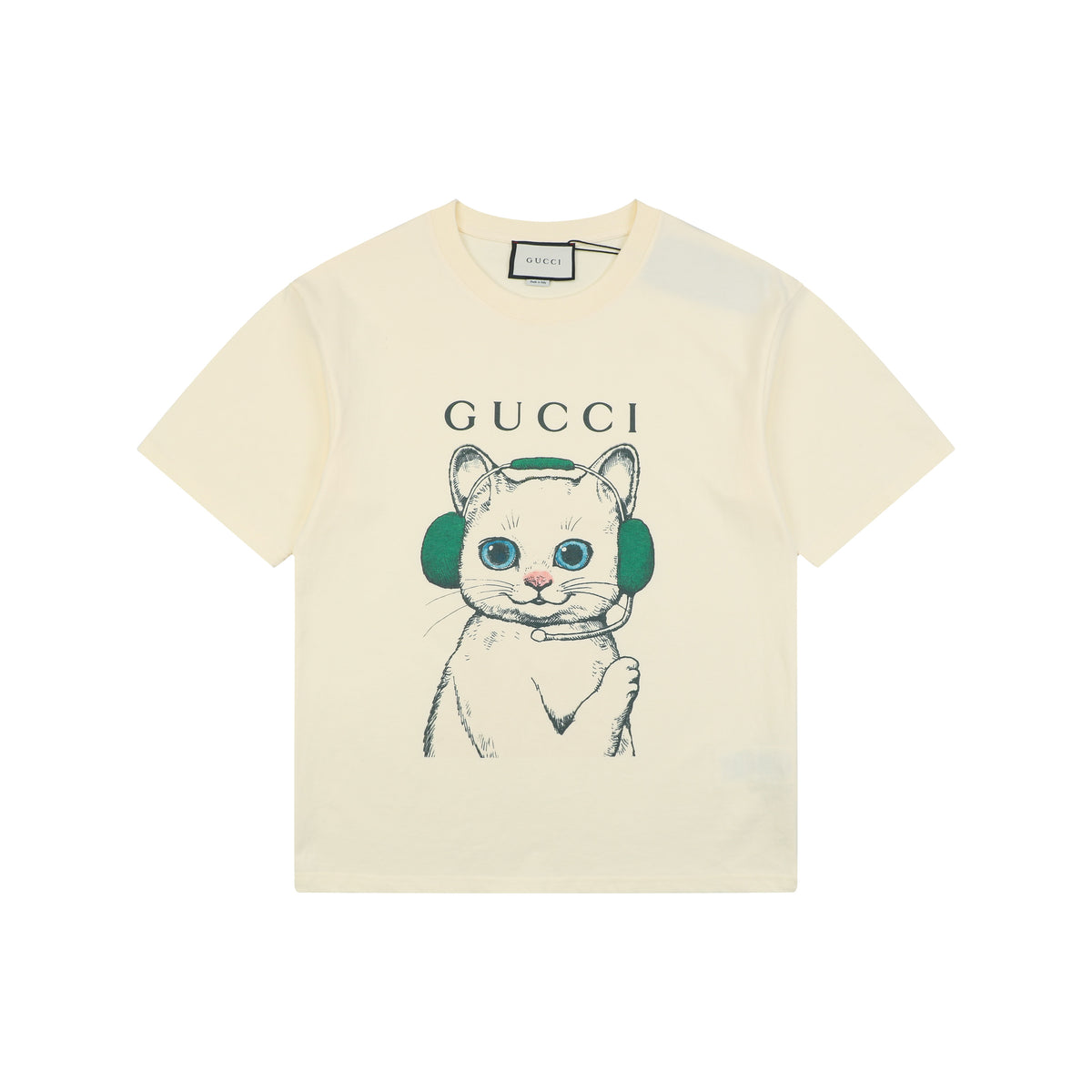 Gucci Cat with Green Headphones Graphic Print T-Shirt | Ivory