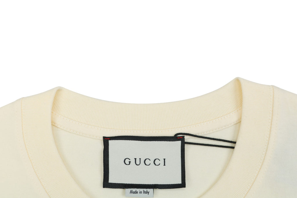 Gucci Cat with Green Headphones Graphic Print T-Shirt | Ivory