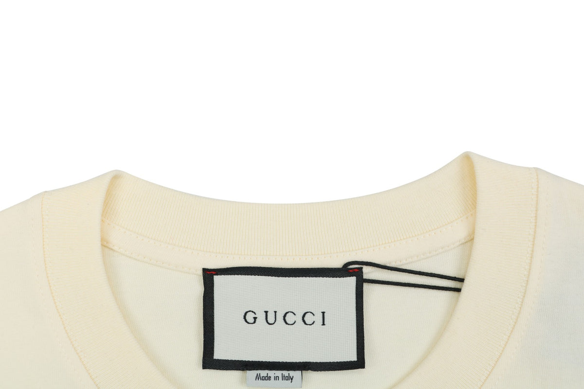 Gucci Cat with Green Headphones Graphic Print T-Shirt | Ivory