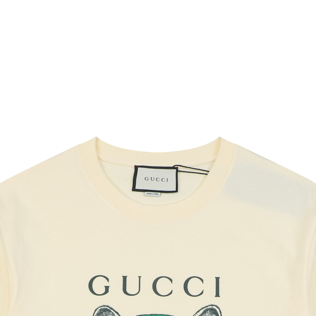 Gucci Cat with Green Headphones Graphic Print T-Shirt | Ivory