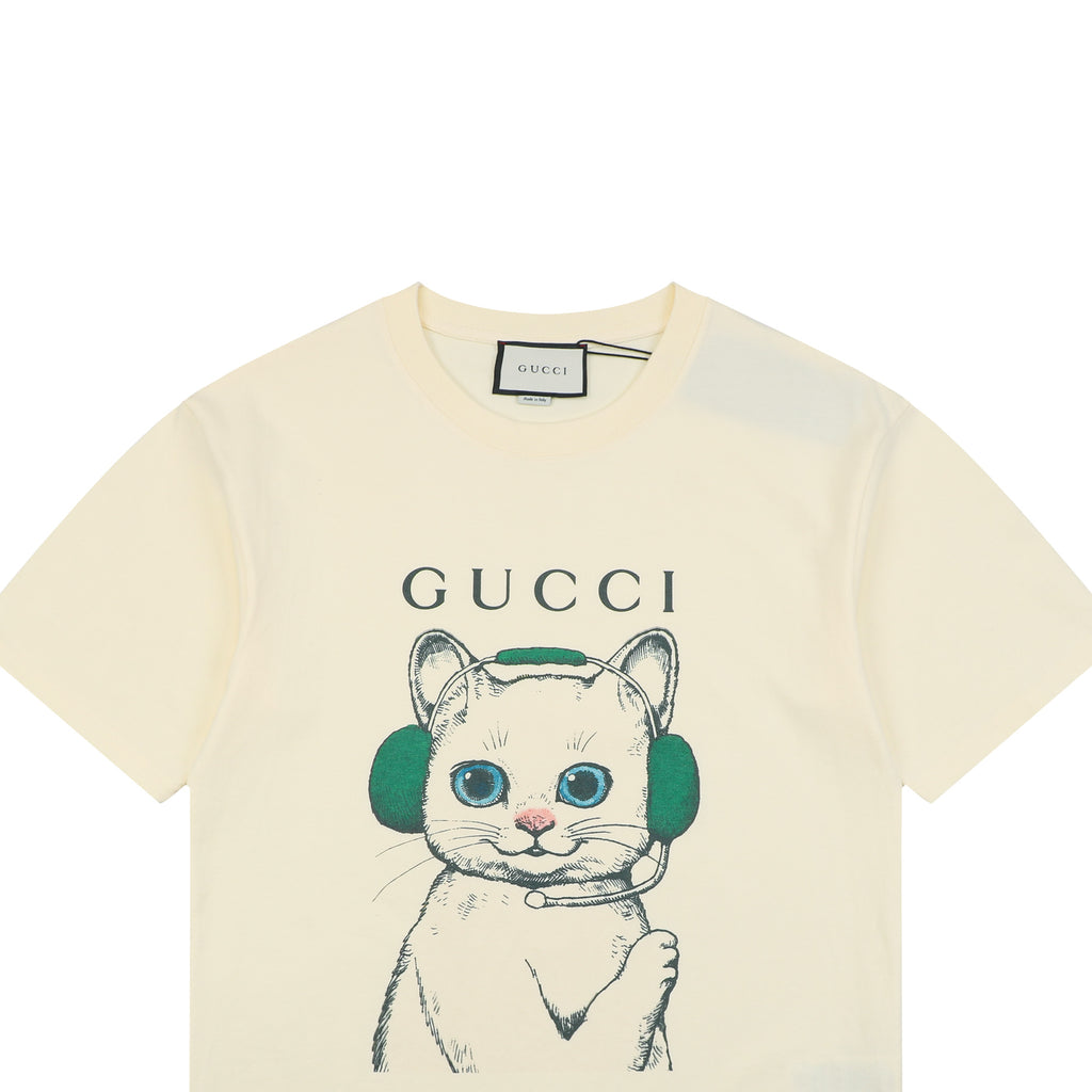 Gucci Cat with Green Headphones Graphic Print T-Shirt | Ivory
