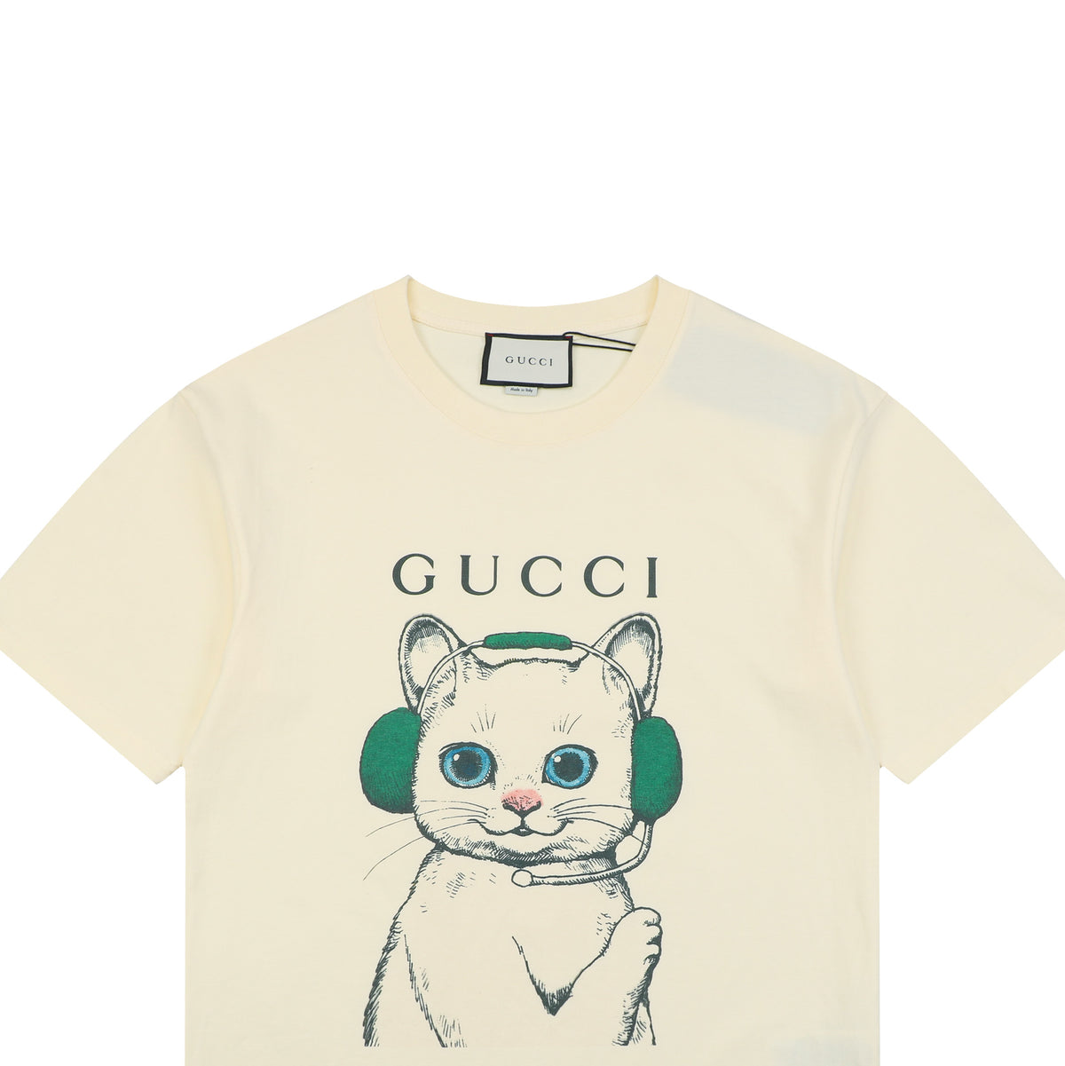 Gucci Cat with Green Headphones Graphic Print T-Shirt | Ivory