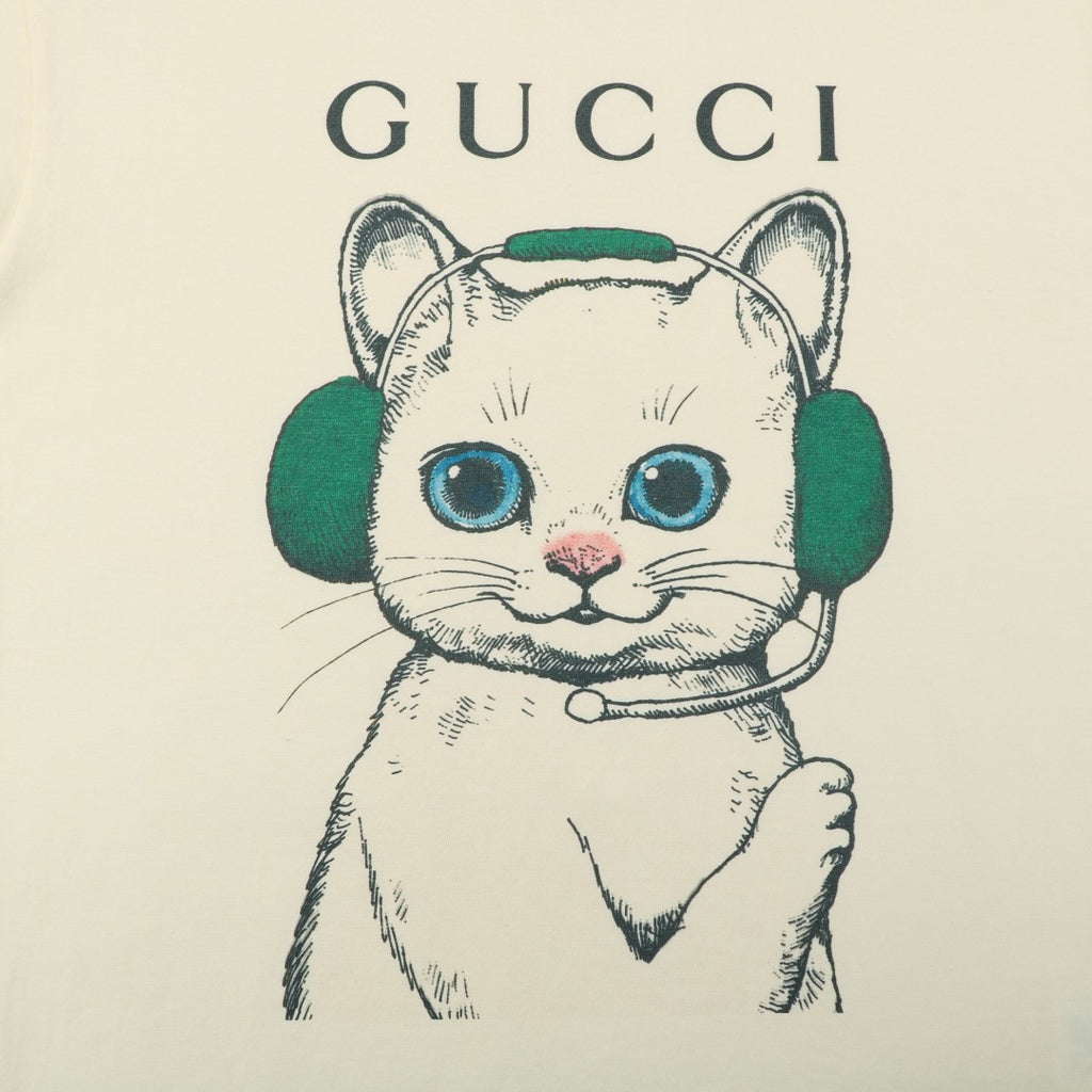 Gucci Cat with Green Headphones Graphic Print T-Shirt | Ivory