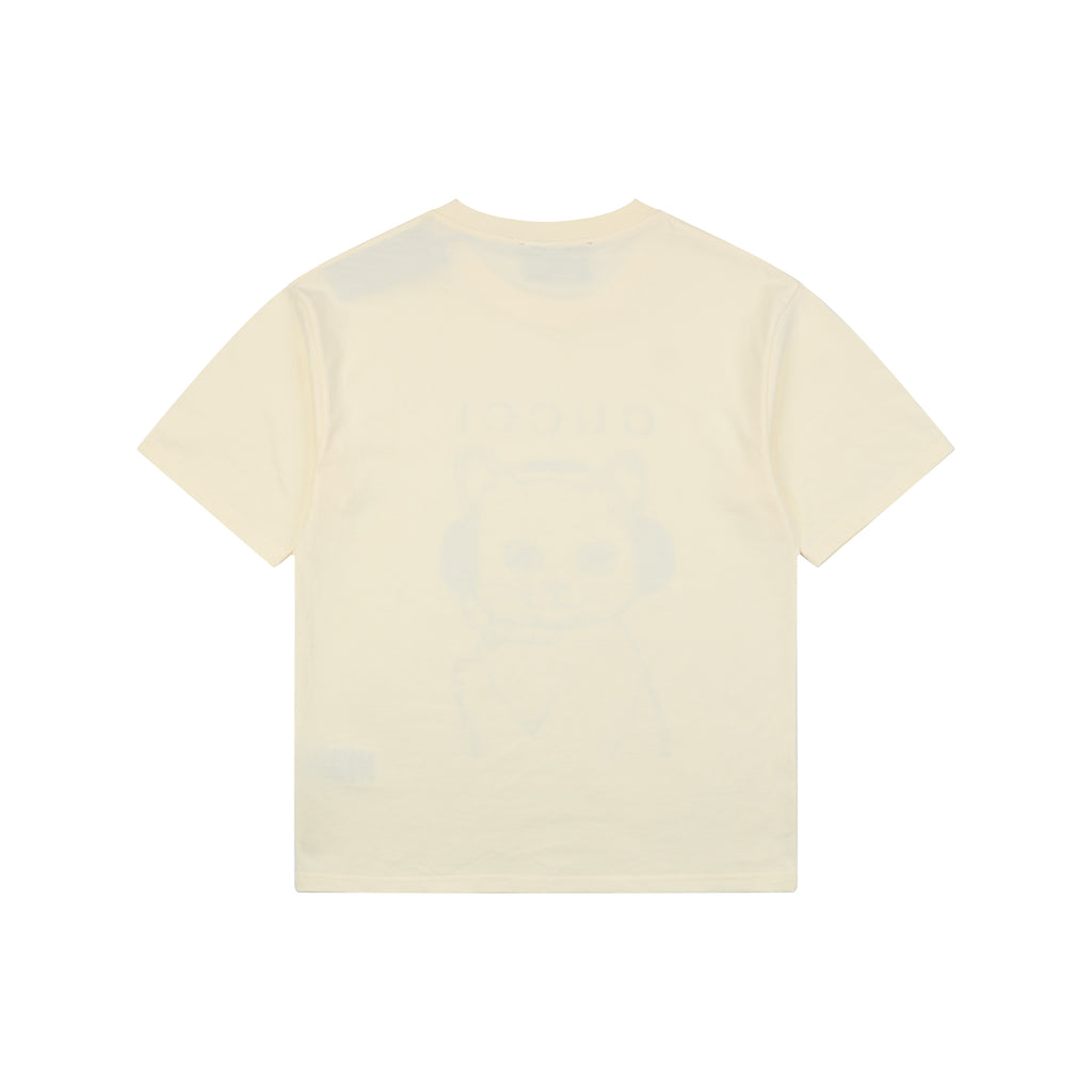 Gucci Cat with Green Headphones Graphic Print T-Shirt | Ivory