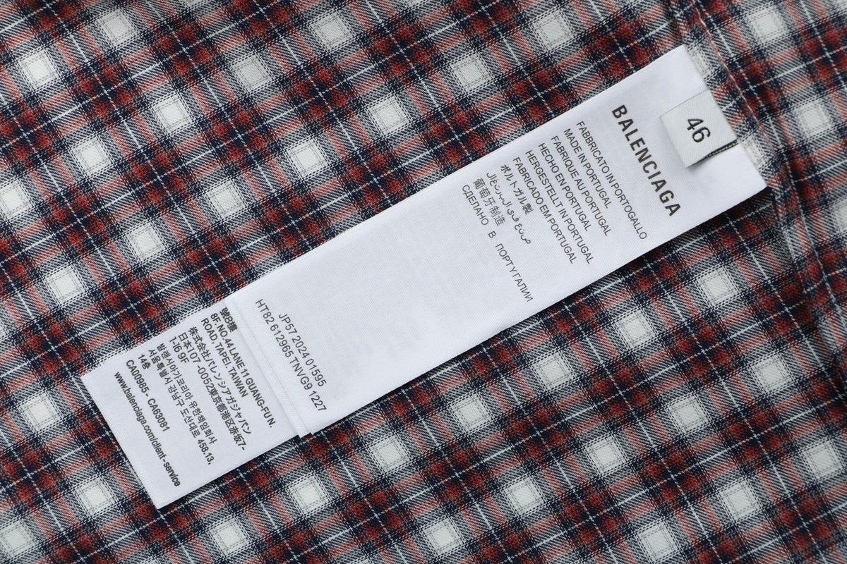 Balenciaga Red Grey Plaid Faux Two-Piece Layered Long Sleeve Shirt