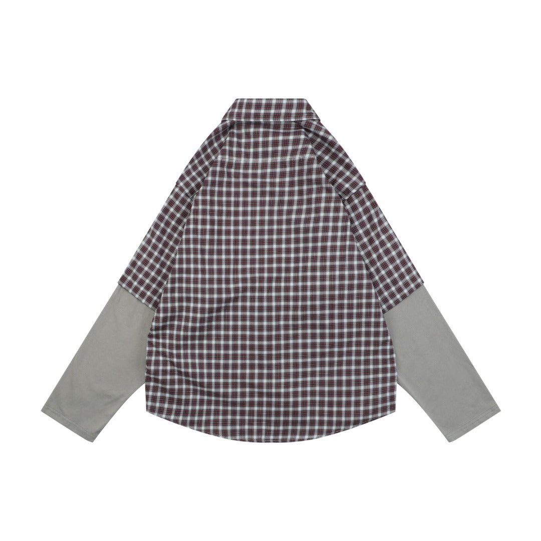 Balenciaga Red Grey Plaid Faux Two-Piece Layered Long Sleeve Shirt