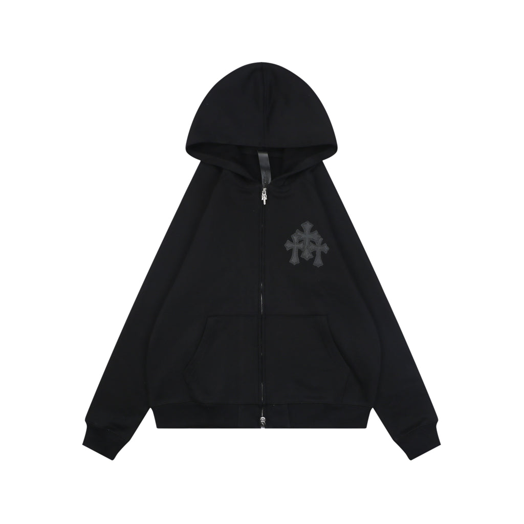 Chrome Hearts Cross Floral Leather Patch Zip Hoodie | Black