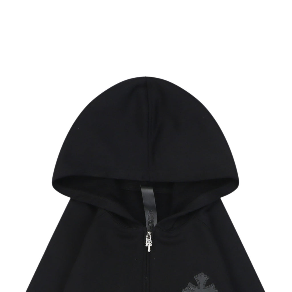 Chrome Hearts Cross Floral Leather Patch Zip Hoodie | Black