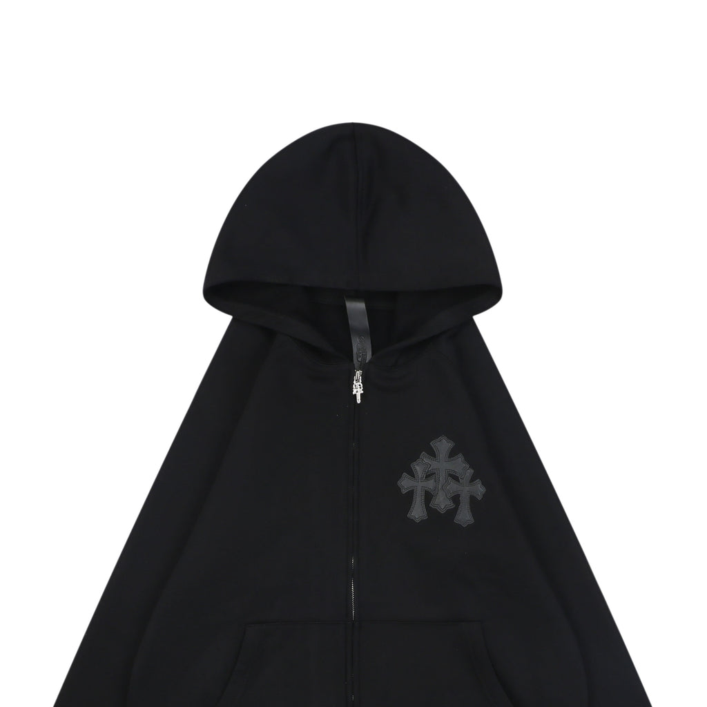 Chrome Hearts Cross Floral Leather Patch Zip Hoodie | Black
