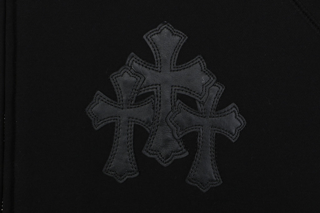 Chrome Hearts Cross Floral Leather Patch Zip Hoodie | Black