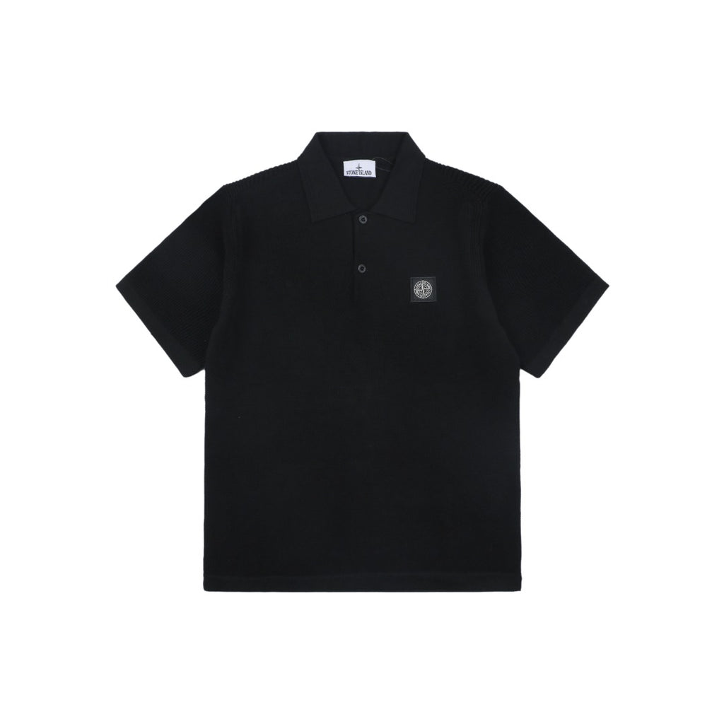 Stone Island Compass Badge Layered Collar Jacquard Polo Shirt | Black