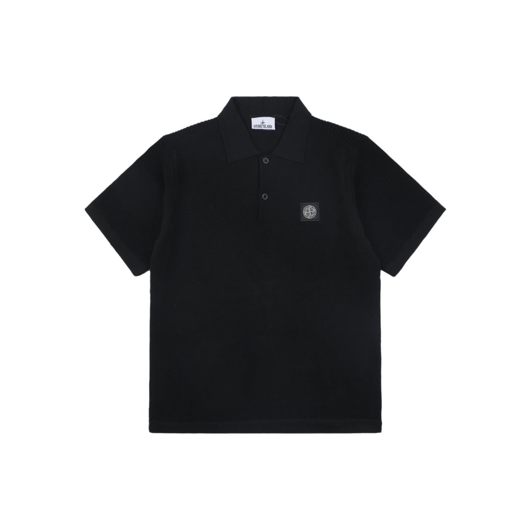 Stone Island Compass Badge Layered Collar Jacquard Polo Shirt | Black