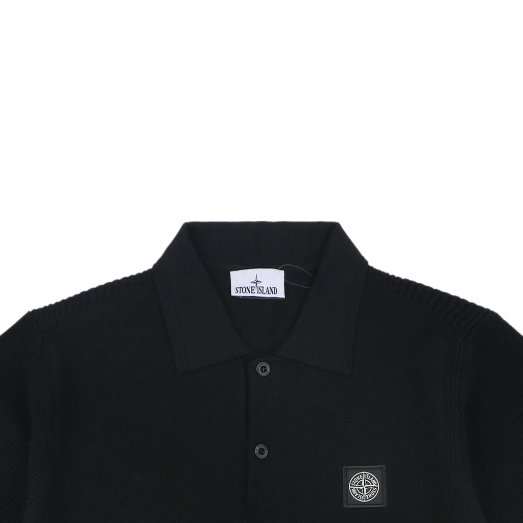 Stone Island Compass Badge Layered Collar Jacquard Polo Shirt | Black