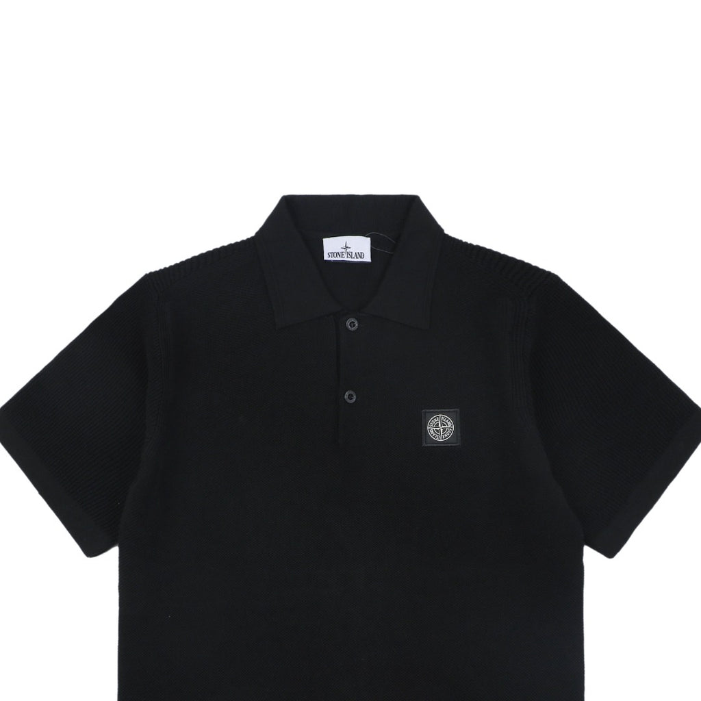 Stone Island Compass Badge Layered Collar Jacquard Polo Shirt | Black