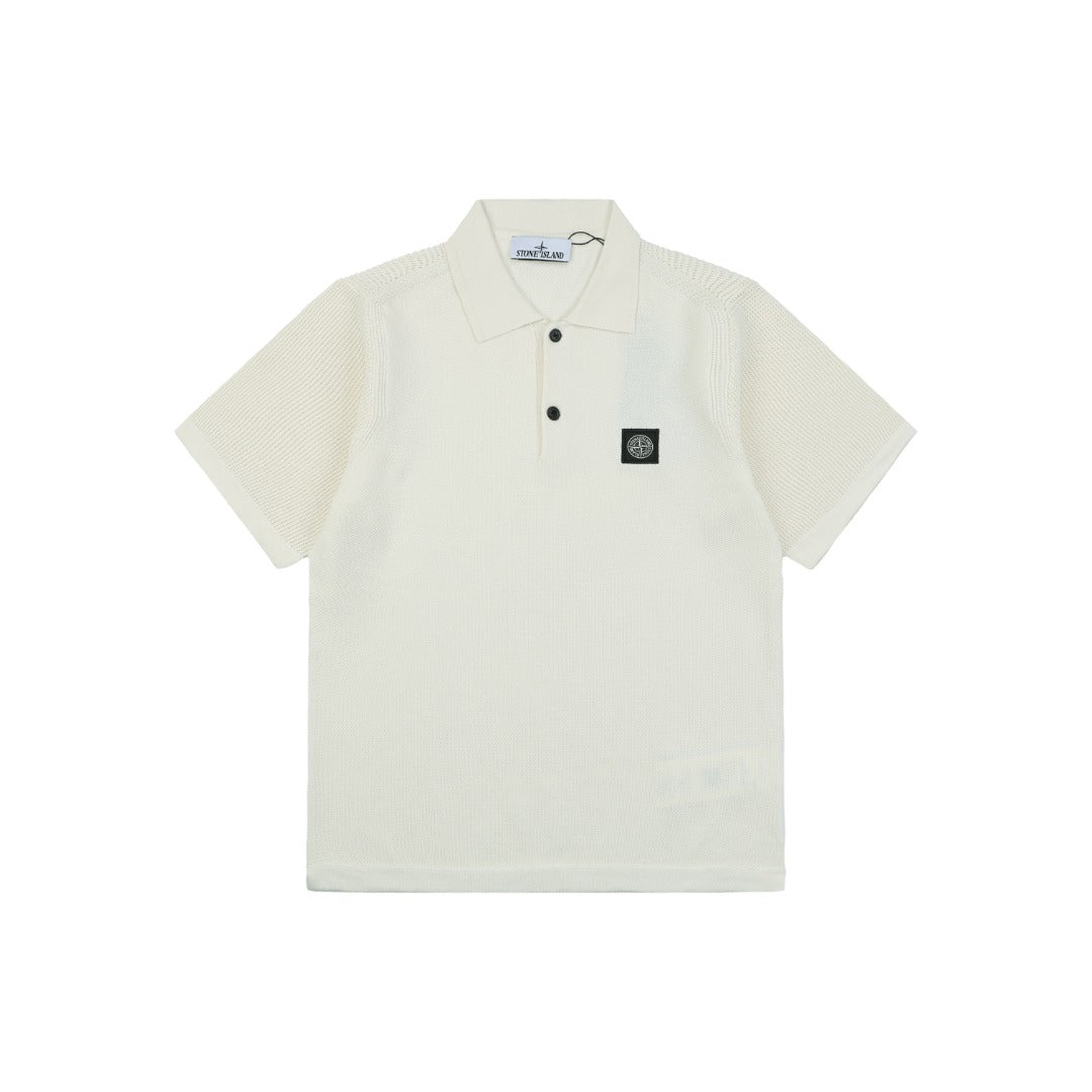 Stone Island Compass Badge Layered Collar Jacquard Polo Shirt | Ivory