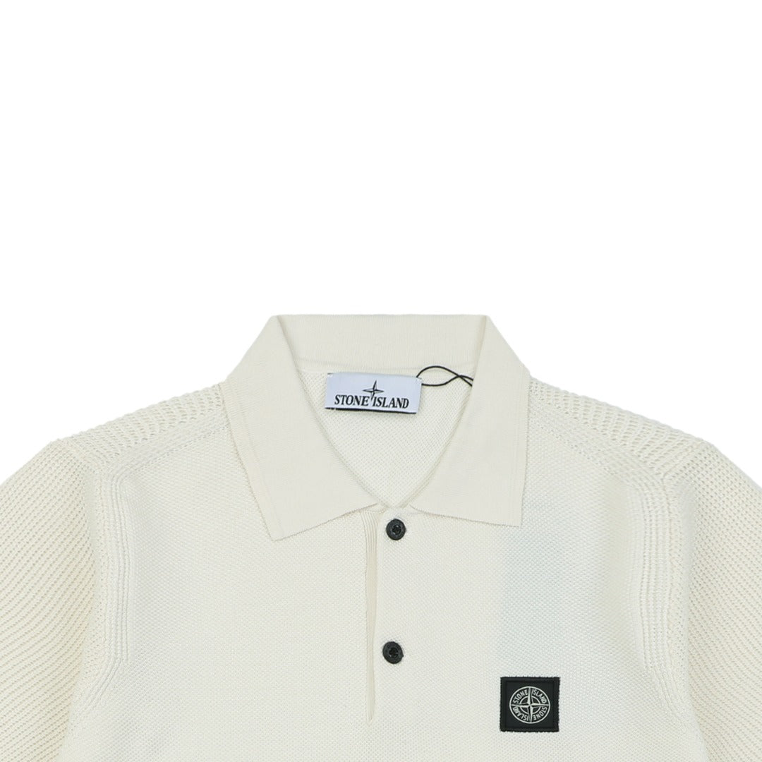 Stone Island Compass Badge Layered Collar Jacquard Polo Shirt | Ivory