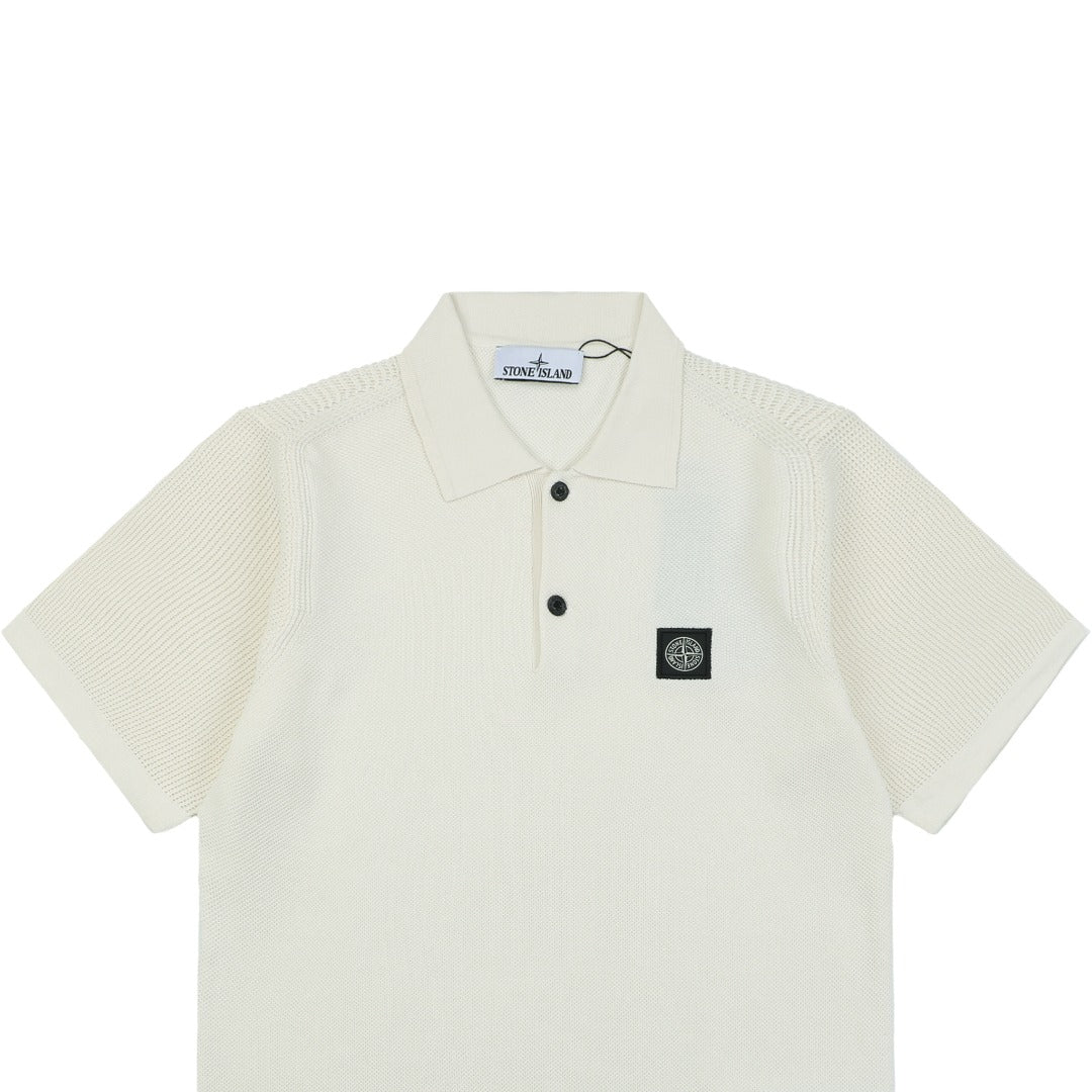 Stone Island Compass Badge Layered Collar Jacquard Polo Shirt | Ivory