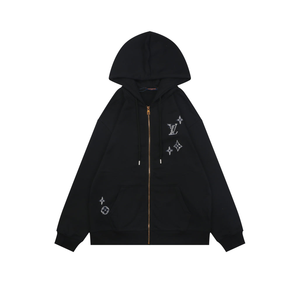 Louis Vuitton Hand-Painted Monogram Chain-Stitch Embroidery Zip Hoodie | Black