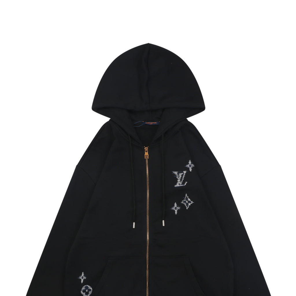 Louis Vuitton Hand-Painted Monogram Chain-Stitch Embroidery Zip Hoodie | Black