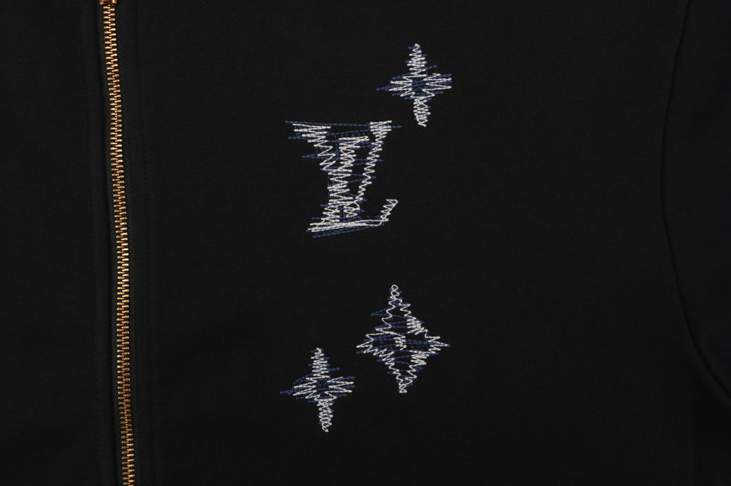 Louis Vuitton Hand-Painted Monogram Chain-Stitch Embroidery Zip Hoodie | Black