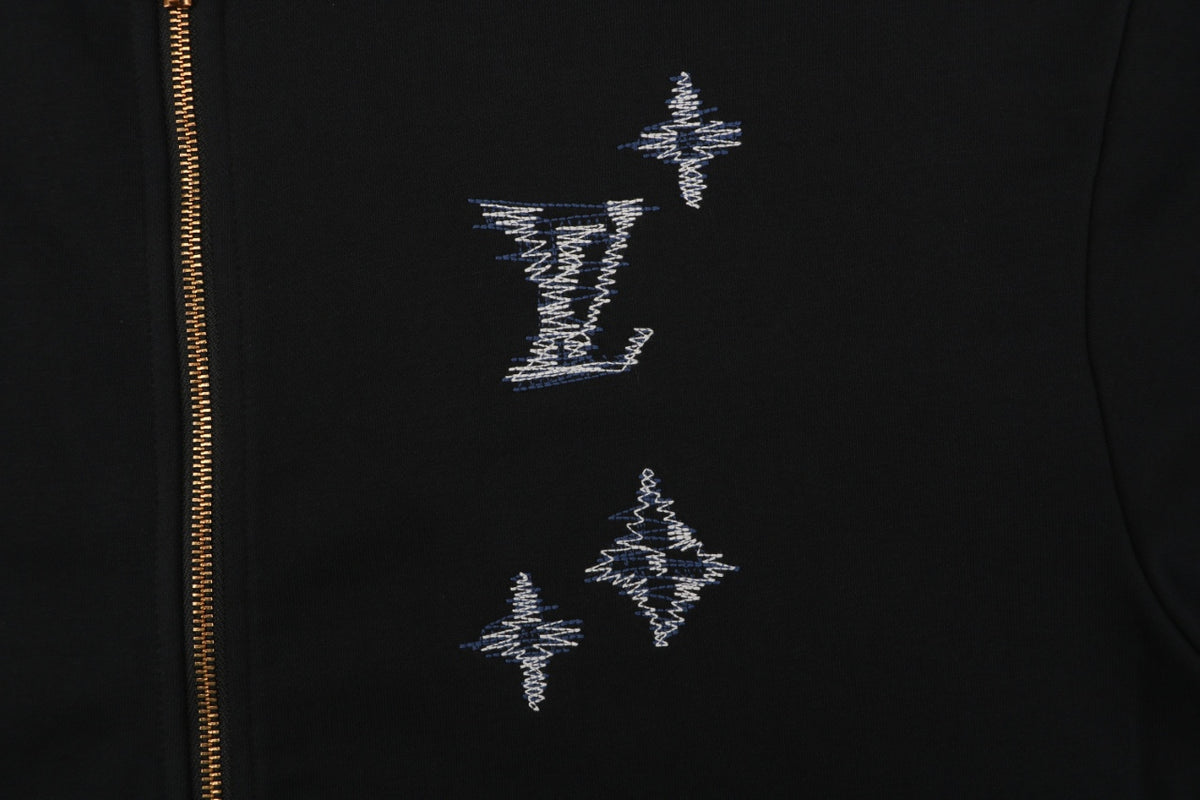Louis Vuitton Hand-Painted Monogram Chain-Stitch Embroidery Zip Hoodie | Black
