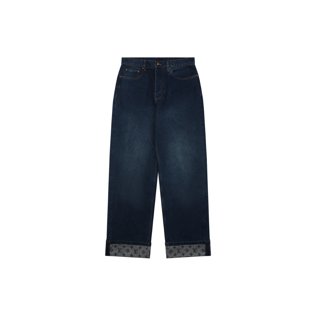 Louis Vuitton Grey Monogram Jacquard Cuffed Hem Straight-Leg Jeans | Dark Indigo