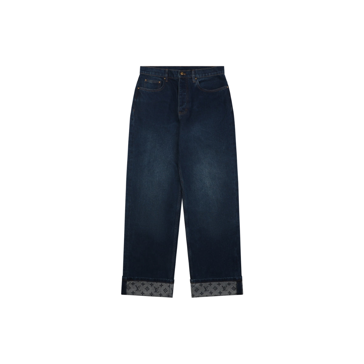 Louis Vuitton Grey Monogram Jacquard Cuffed Hem Straight-Leg Jeans | Dark Indigo