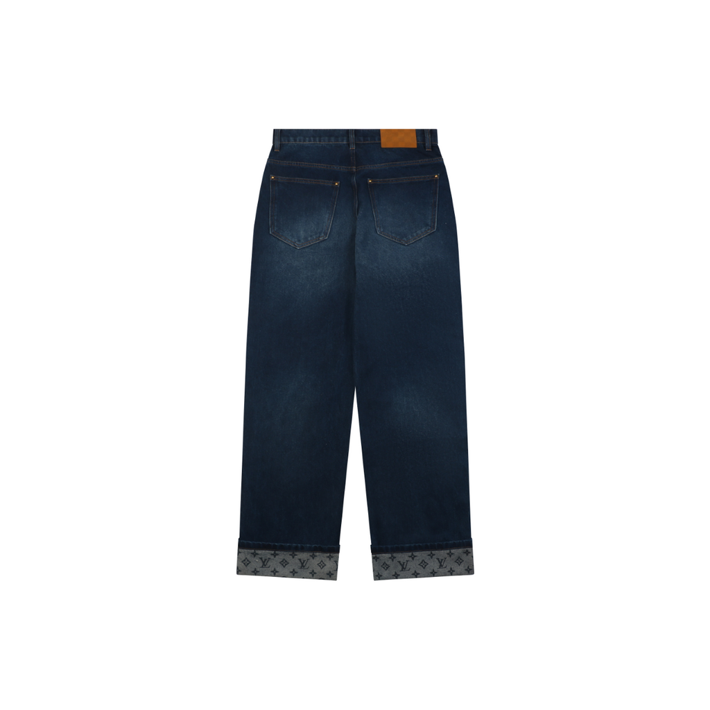 Louis Vuitton Grey Monogram Jacquard Cuffed Hem Straight-Leg Jeans | Dark Indigo