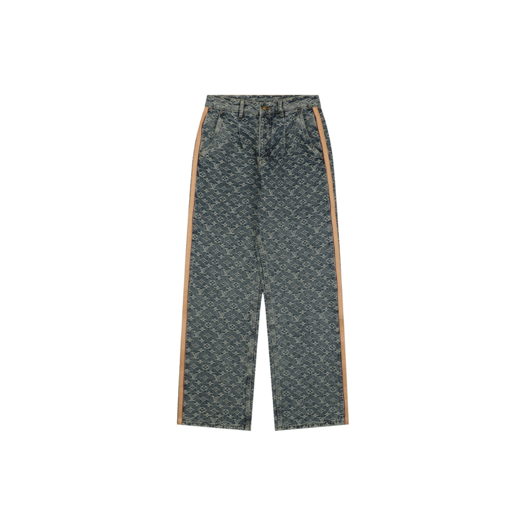 Louis Vuitton All-Over Monogram Jacquard Side Leather Tape Trim Straight-Leg Jeans | Grey-Green