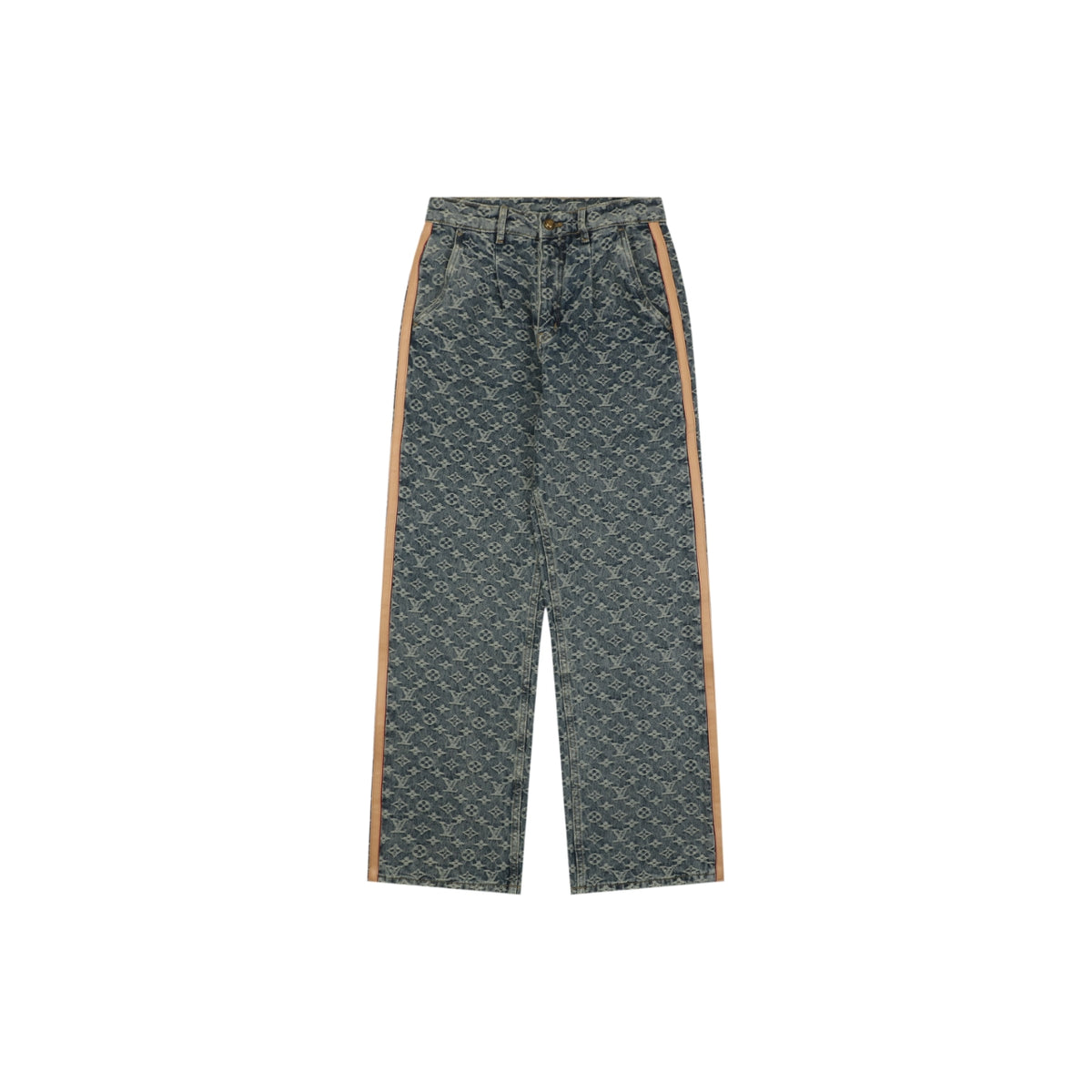 Louis Vuitton All-Over Monogram Jacquard Side Leather Tape Trim Straight-Leg Jeans | Grey-Green