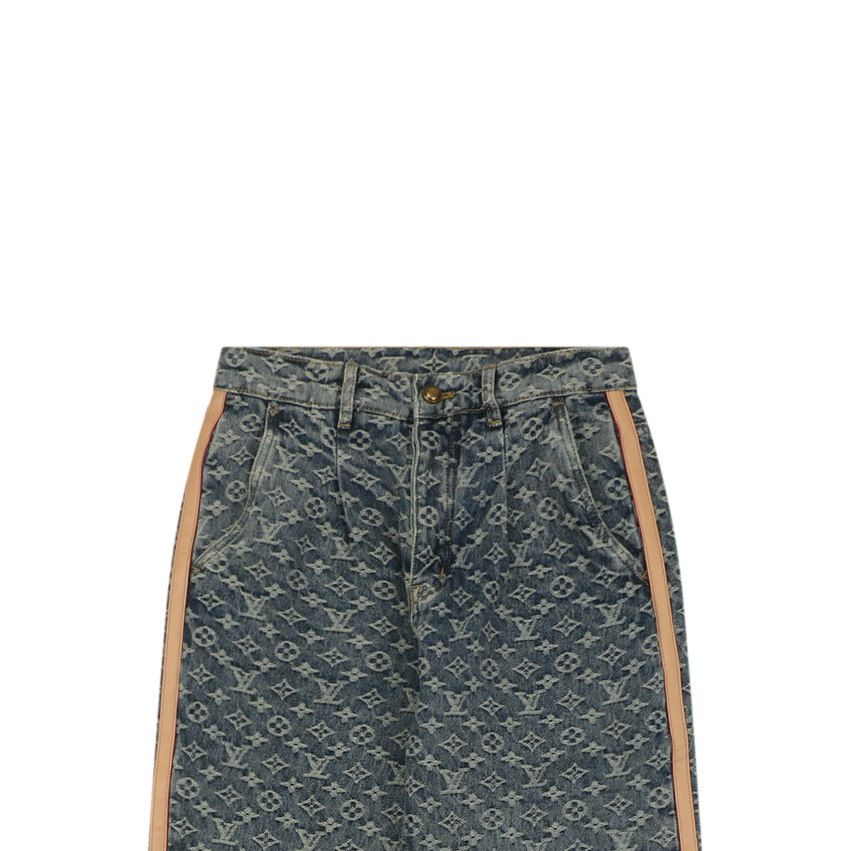 Louis Vuitton All-Over Monogram Jacquard Side Leather Tape Trim Straight-Leg Jeans | Grey-Green